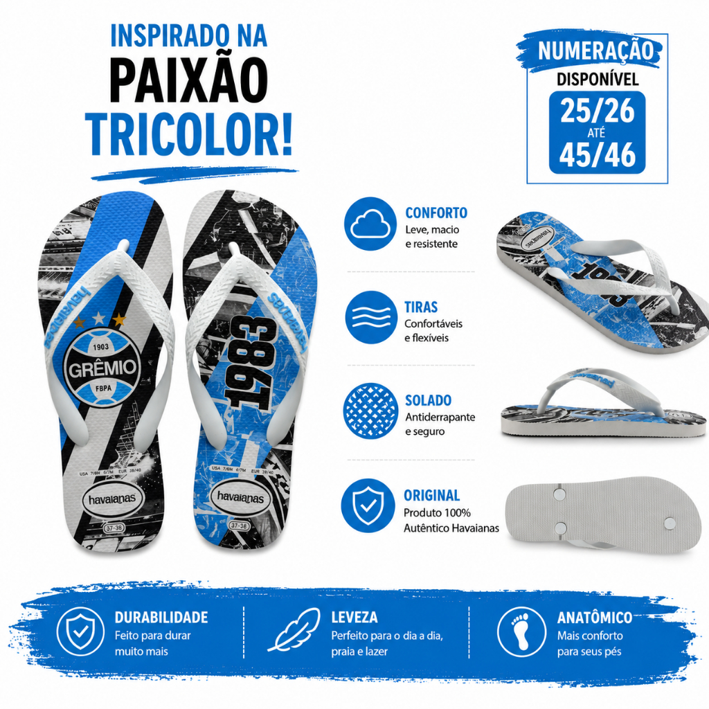 Sandália Chinelo HAVAIANAS TOP GRÊMIO | PRODUTO ORIGINAL - TRICOLOR GAÚCHO ADULTO E INFANTIL