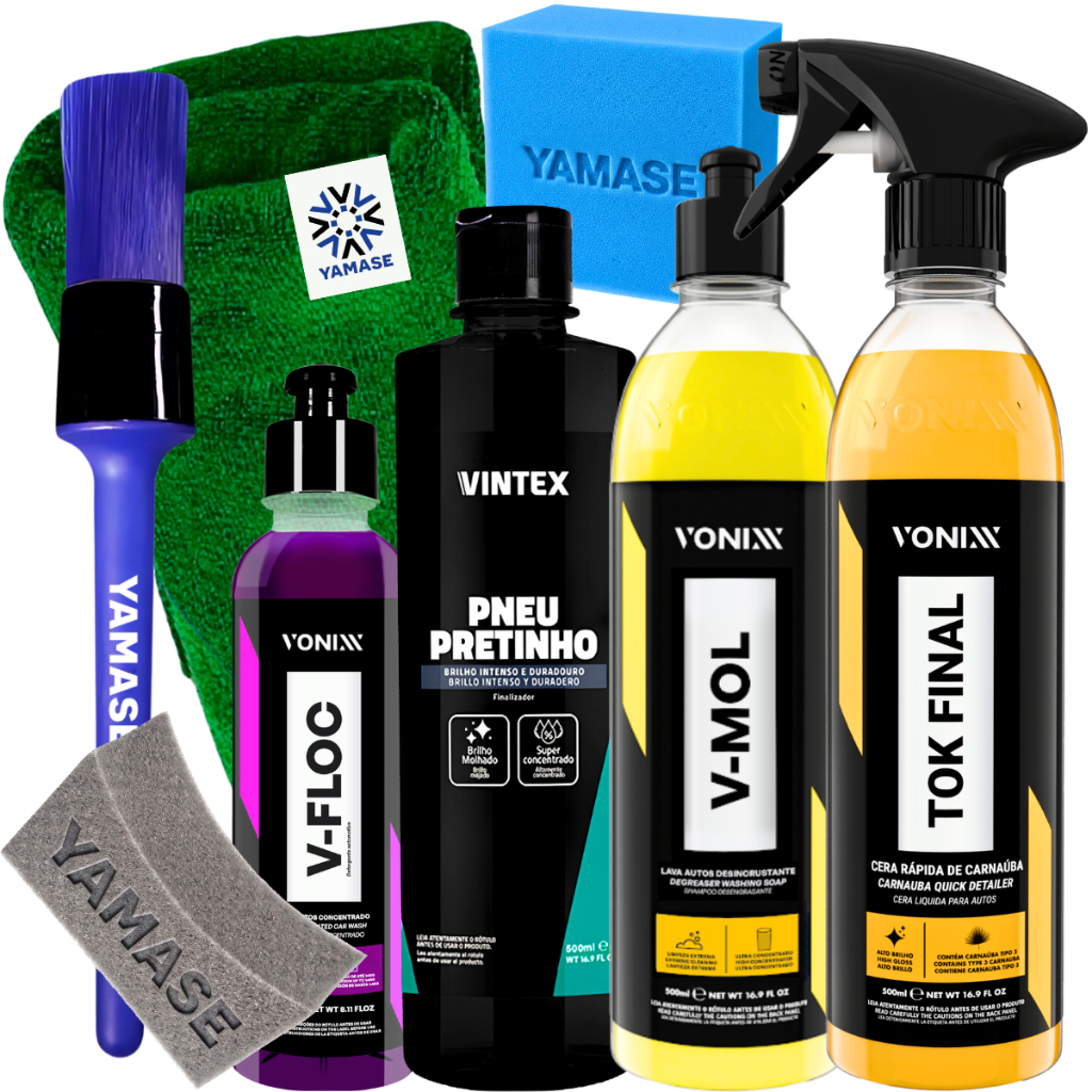 Kit Lavagem Automotiva Vonixx V-Floc + V-Mol + Cera Tok Final + Pneu Pretinho Vintex + Acessórios