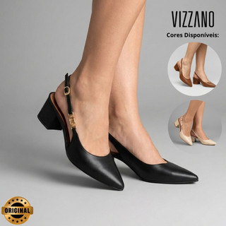 Sapato Scarpin Slingback Feminino Vizzano Salto Bloco Bico Fino Elegante Confortável Original