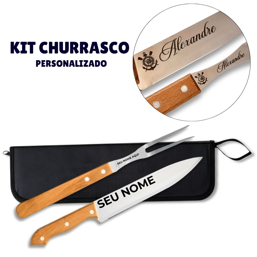 Kit Churrasco Personalizado com Faca + Garfo + Estojo Gravado Laser Nome Logo Time Presente