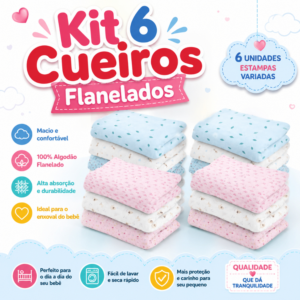 Kit Cueiro Estampado Flanelado Bebê 80X50CM Caricia Minasrey