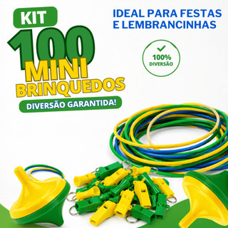 Kit 100 Mini Brinquedos Tema Brasil Apito Corneta Pião Pulseira Verde Amarelo Festa Infantil