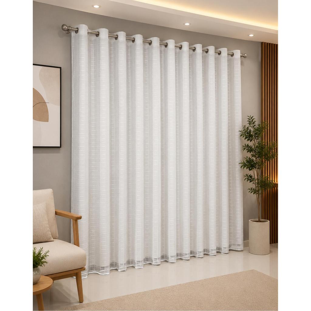 Cortina Para Sala e Quarto 3,00 × 2,60 Blecaute em PVC Com Tecido Voil xadrez e Liso Ilhós cromado