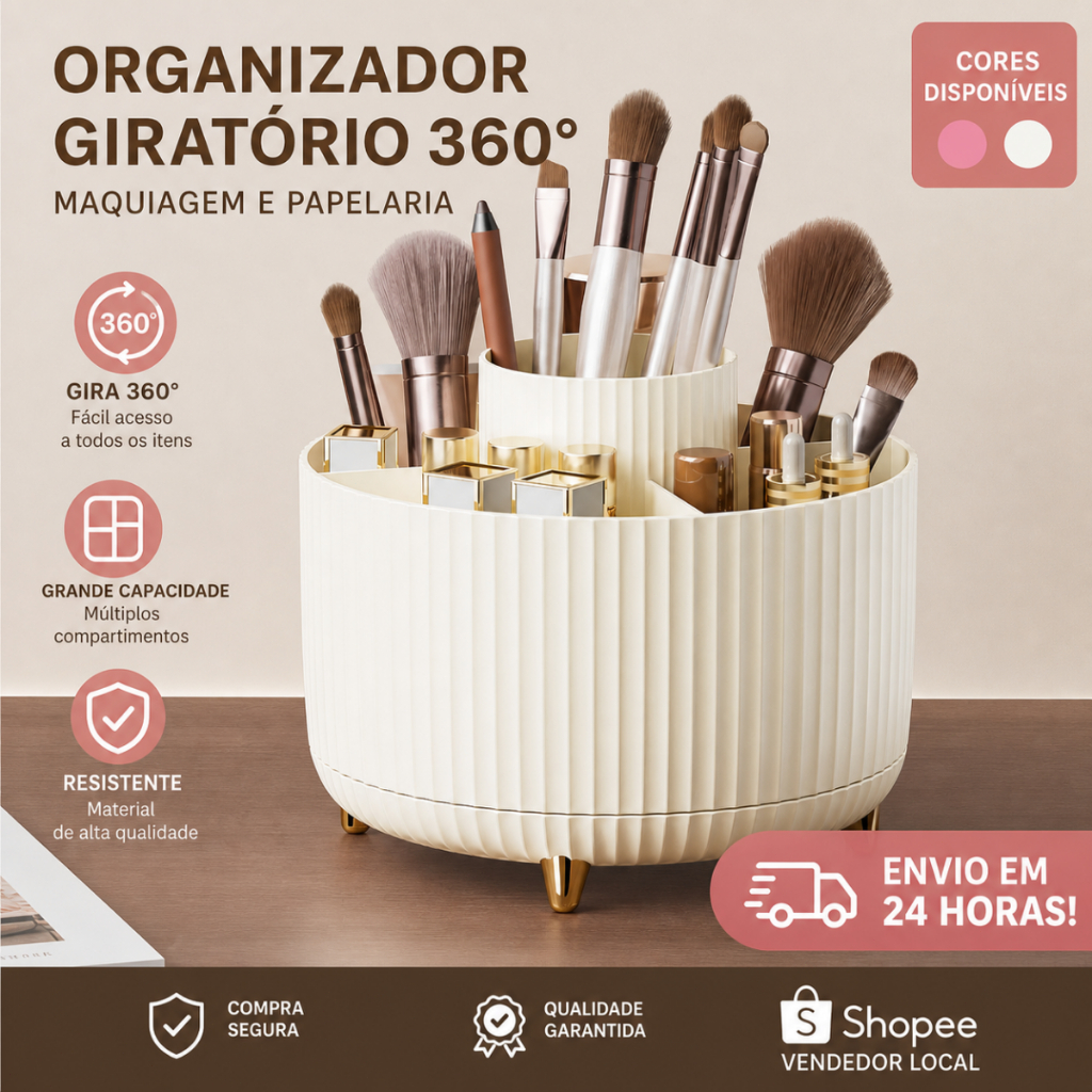 Organizador de Maquiagem com Giro de 360 Graus – 5 Compartimentos, Plástico Resistente para Penteadeira