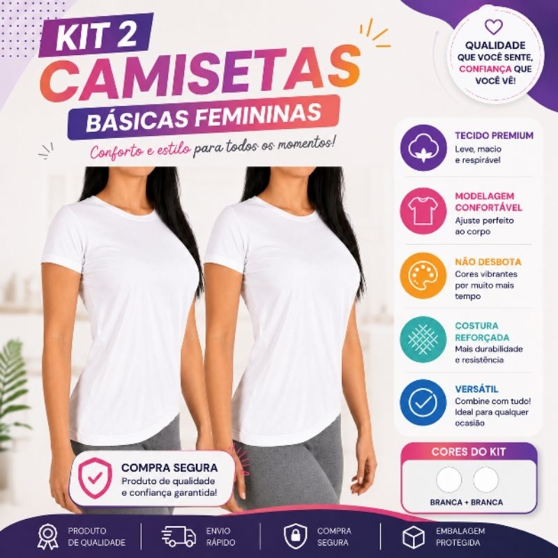 Kit 2 (Duas) Camiseta Feminina modelo Babylook Branca Malha anti Pilling