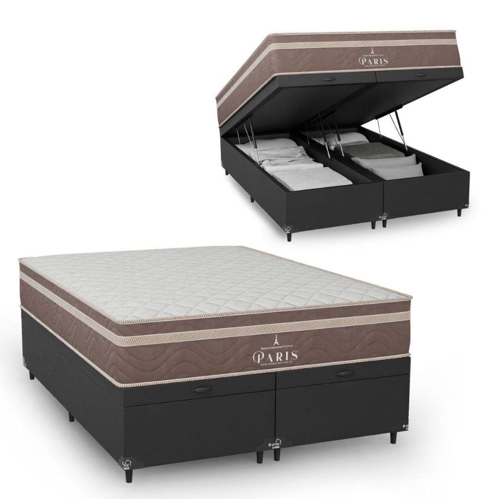 Cama Box Baú Casal Bipartido Couro Preto + Colchão Paris Molas Ensacadas Marrom - e-Shop Casa