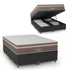 Cama Box Baú Casal Bipartido Couro Preto + Colchão Paris Molas Ensacadas Marrom - e-Shop Casa