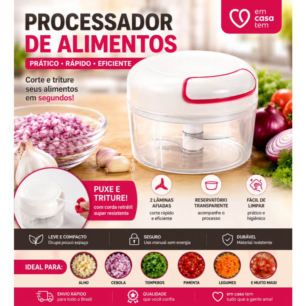 Mini Processador de Alimentos Manual 170ml com Corda Retrátil 2 Lâminas para Legumes Alho Cebola Temperos