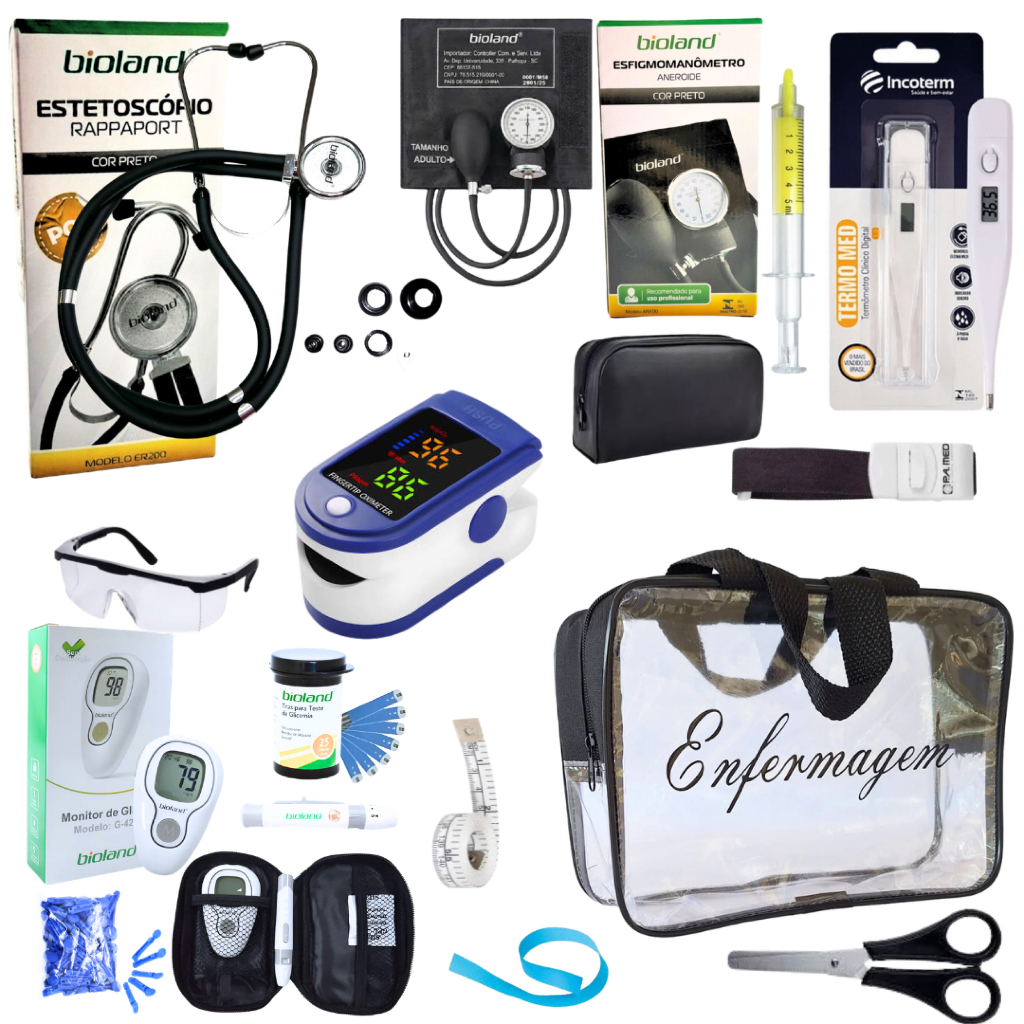 Kit Enfermagem Aparelho de Pressão + Estetoscópio Completo + Oximetro + Glicossimetro + Nécessaire