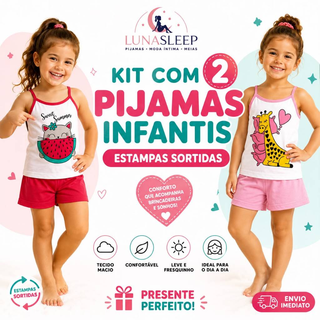 Kit 2 Pijamas Infantis Estampa Sortida Kids Menina Criança Estampado Regata Verão Manga Curta Calor Roupa Dormir