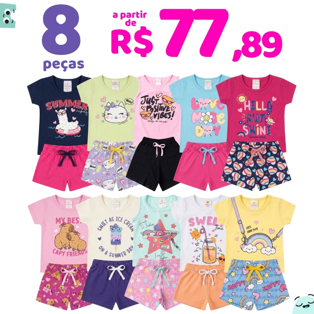 Kit Premium 8 Peças Roupa Infantil Menina Verão Algodão Conjunto Feminino Tamanho 1 ao 14
