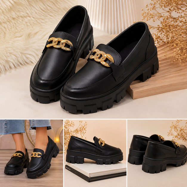 Mocassim Feminino Tratorado Plataforma Corrente Dourada Premium Casual Confortável Moda Blogueira Lançamento