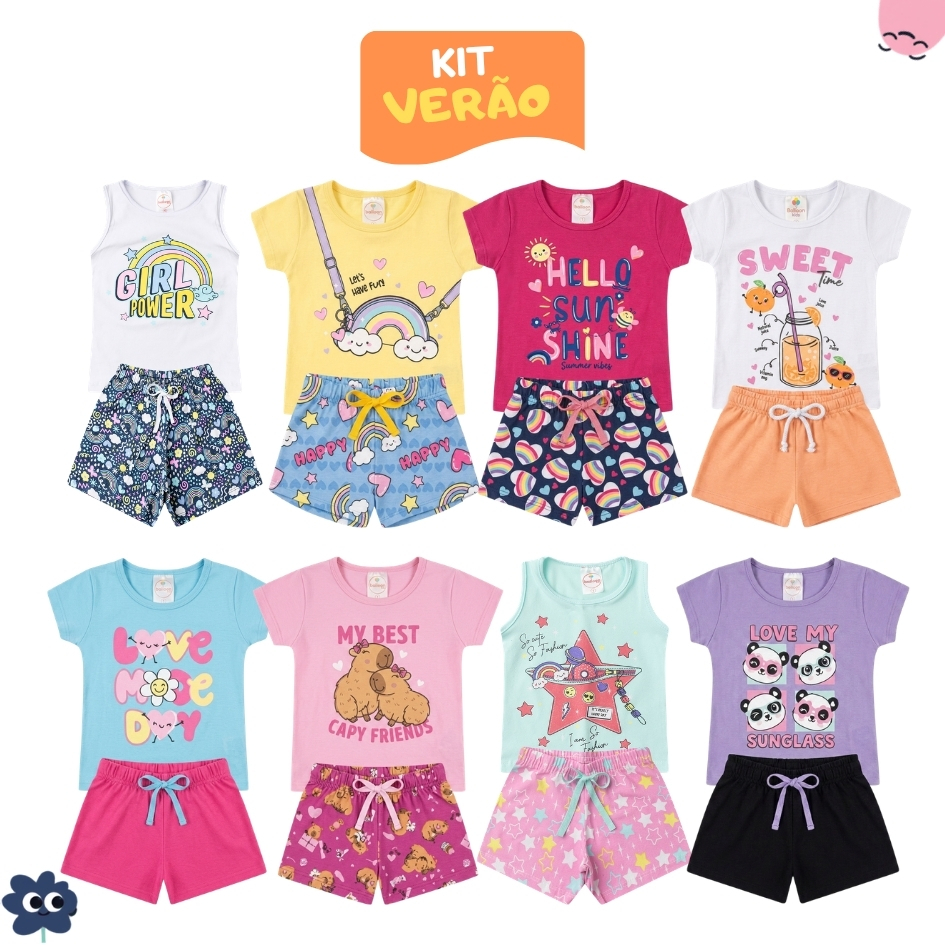 Kit Sortido 6 Peças Roupa Infantil Menina Conjunto Verão Feminino Algodão 3 Camisetas + 3 Shorts Tamanhos 1 ao 14