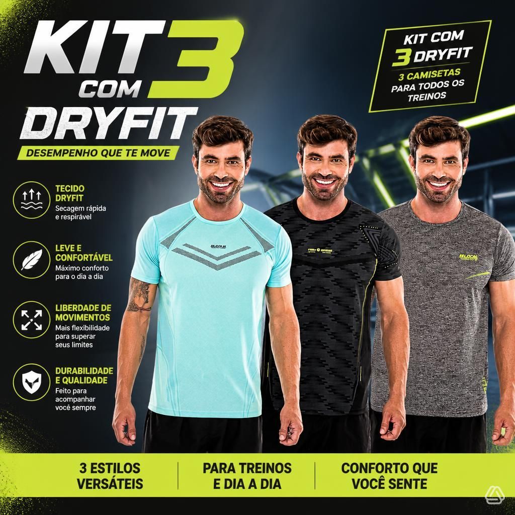Kit 3 Camisetas Esportivas Masculinas Dry Fit Academia Corrida para o Dia a Dia tecido leve secagem rapida