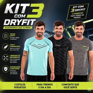 Kit 3 Camisetas Esportivas Masculinas Dry Fit Academia Corrida para o Dia a Dia tecido leve secagem rapida