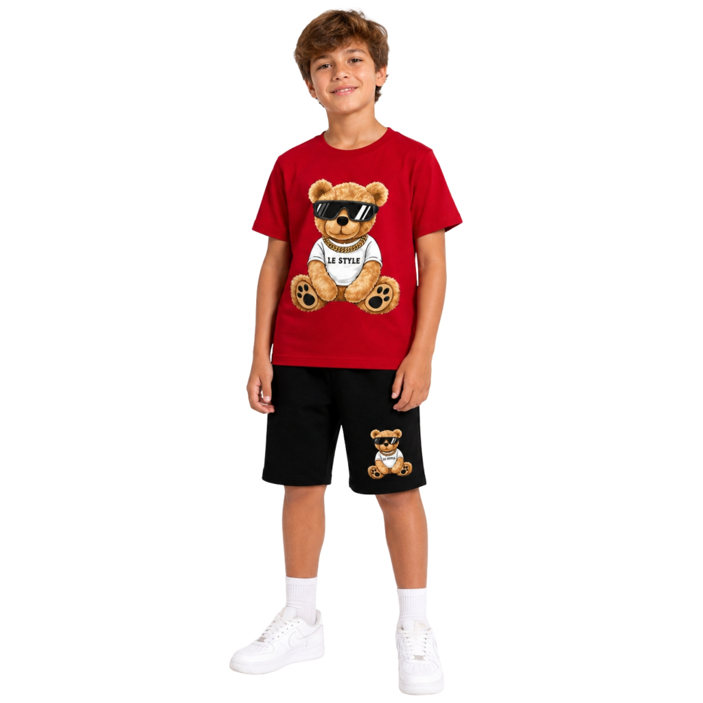 Conjunto Infantil Menino Masculino Camiseta + Short Conjunto Estampado Urso Verão Básico Juvenil