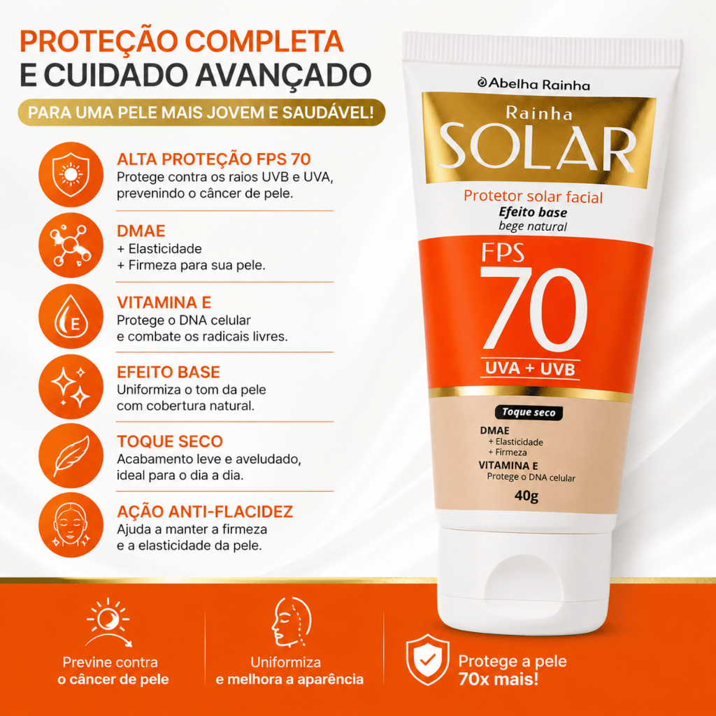 Protetor Solar Facial com Cor FPS 70 UVA UVB Toque Seco Efeito Base Abelha Rainha 40g — imagem 2 de 2