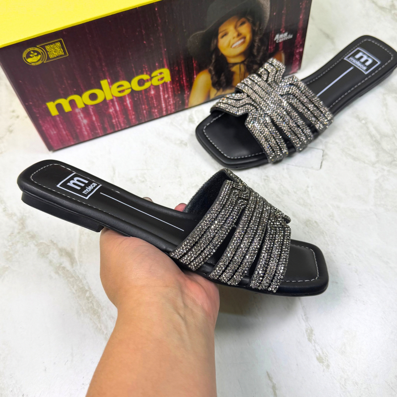 Sandália Rasteirinha Feminina Moleca Strass Confortável Flat Casual Moda