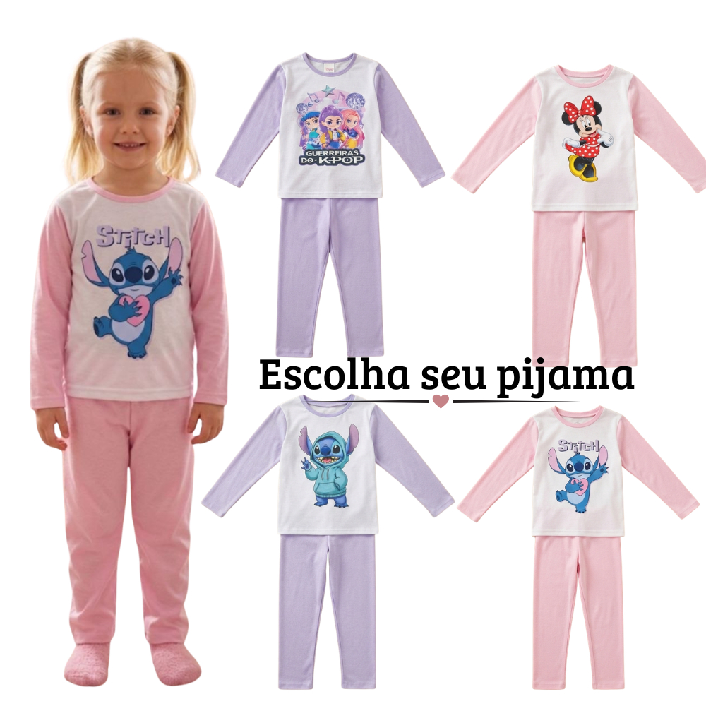 Pijama Infantil Inverno Menina Manga Longa Quentinho Personagens Malha PV Confortável Tamanho 4 ao 12
