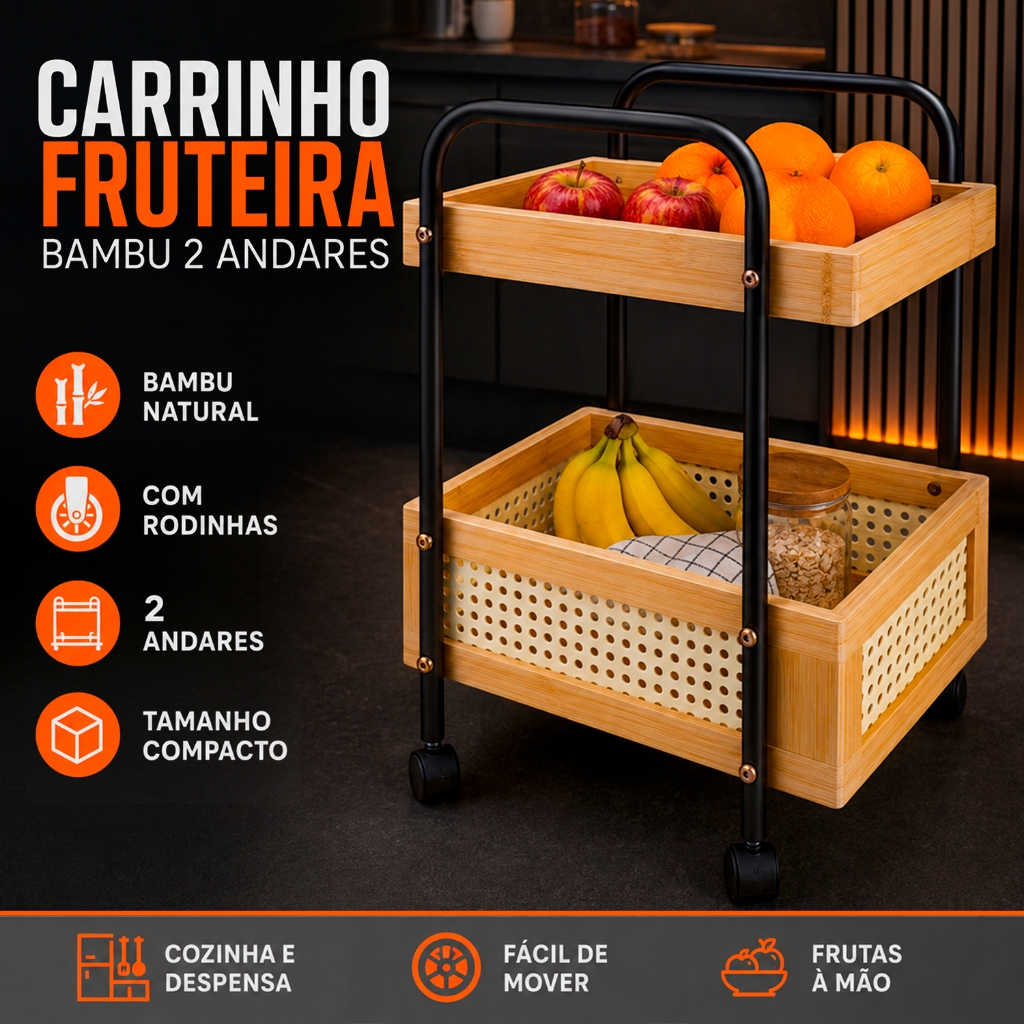 Carrinho Organizador 2 Andares em Bambu e Aço Com Rodinhas Multiuso para Casa, Cozinha, Lavanderia Escritório, Salão