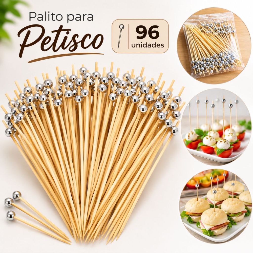 Kit 96 Palitos de Bambu 12cm Para Petisco Decorado Bolinha dourada, prata