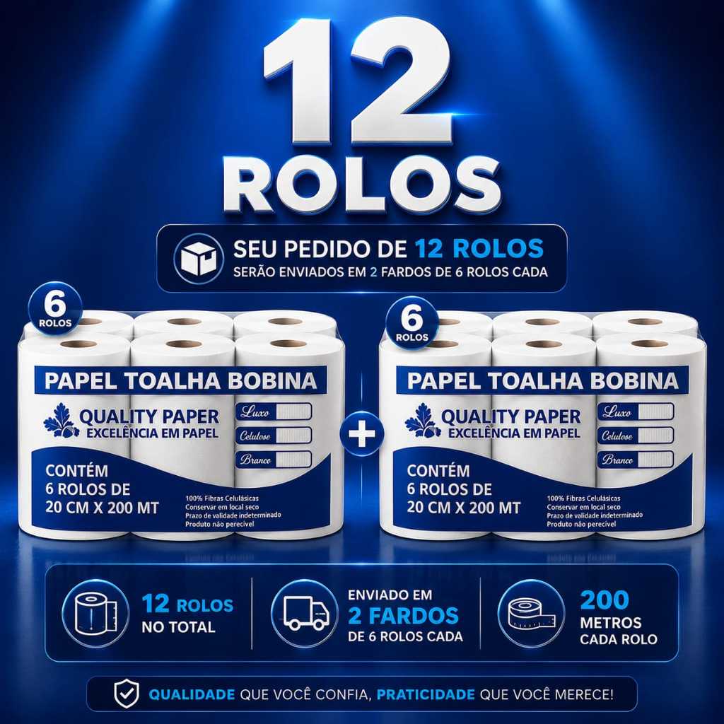 Papel Toalha Bobina 200m Profissional – Pacote Econômico com 12 Rolos