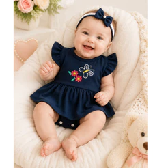 Body Vestido Sainha Bebê Menina com Faixinha de Cabelo Recém-Nascida 0 a 3 Meses