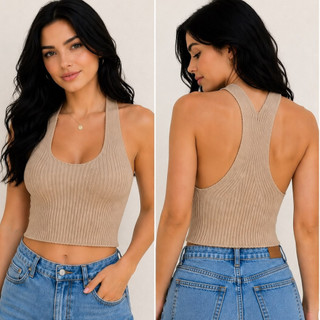 Cropped de Tricô Modal Canelada para o Verão Feminina Estilo Basico Blogueira Costa Nadador