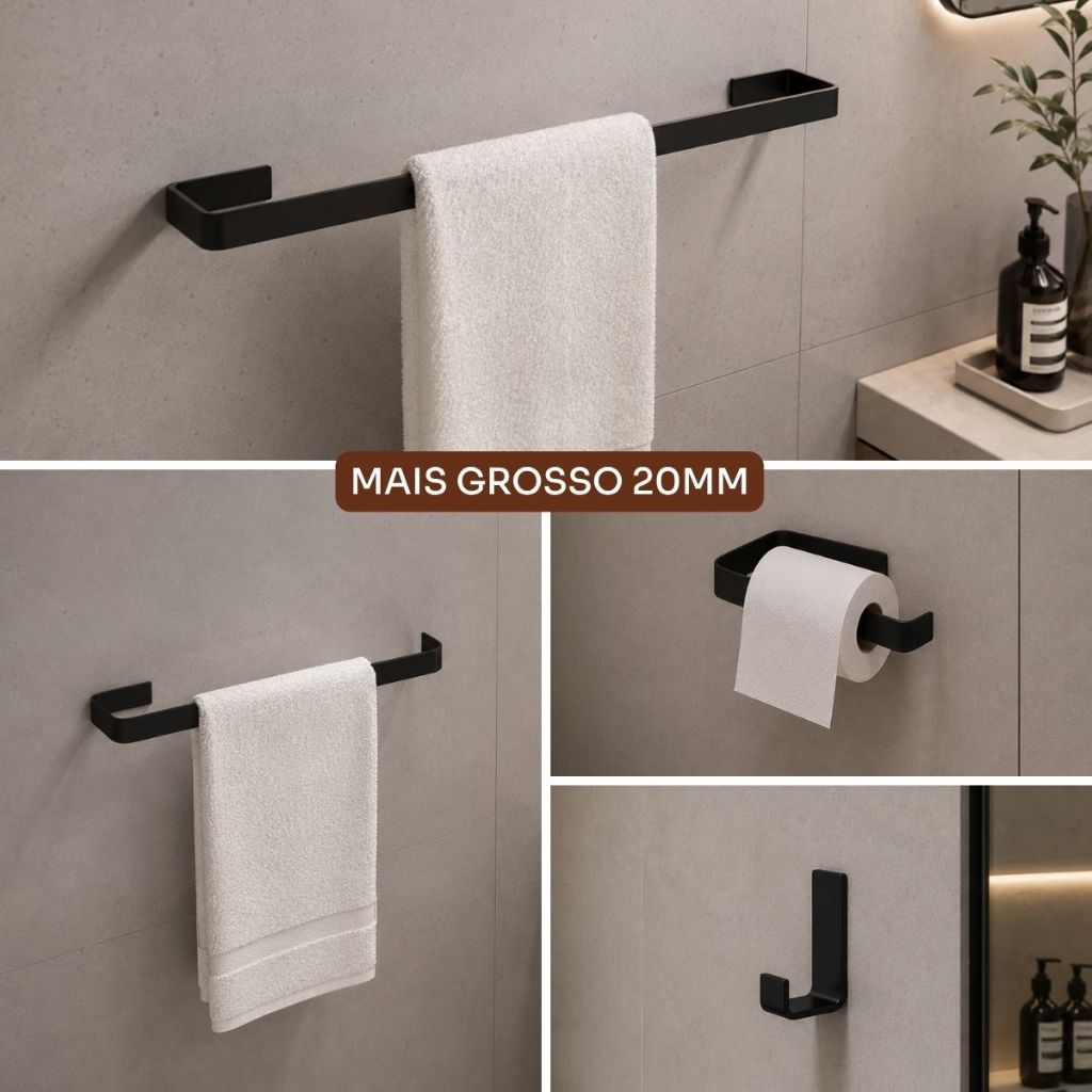Kit de Acessórios para Banheiro Quadrado Preto Fosco Parafusos Não Ficam a Mostr