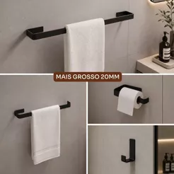 Kit de Acessórios para Banheiro Quadrado Preto Fosco Parafusos Não Ficam a Mostra 20mm Mais Grosso