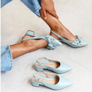 Sapato Scarpin Feminino Slingback Salto Baixo 3cm Confortável Bico Fino Aberto Atrás