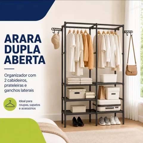 Arara de Roupas Dupla com Prateleiras Organizador Guarda Roupa Portátil 173cm Preta