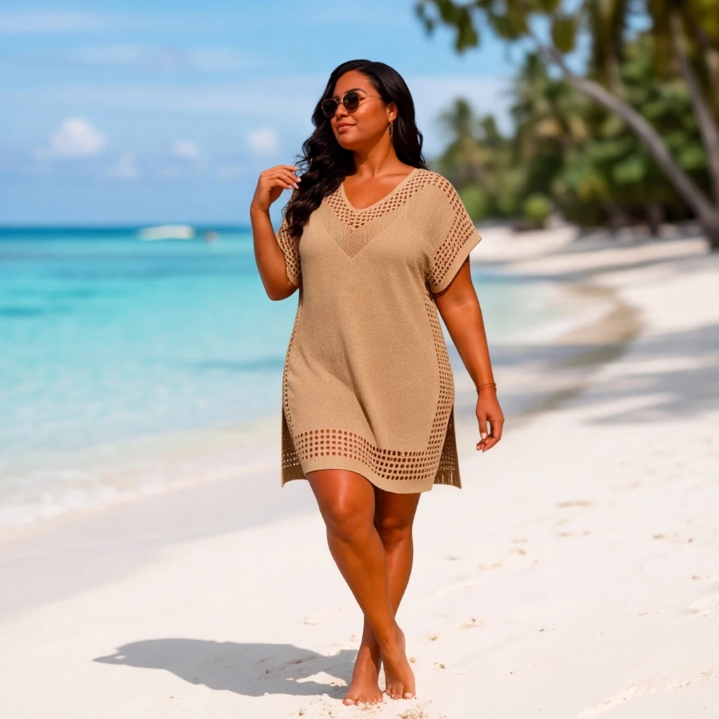 Saída de Praia Plus Size Feminina em Tricô Vazado Decote V Manga Curta Moda Verão Premium — imagem 1