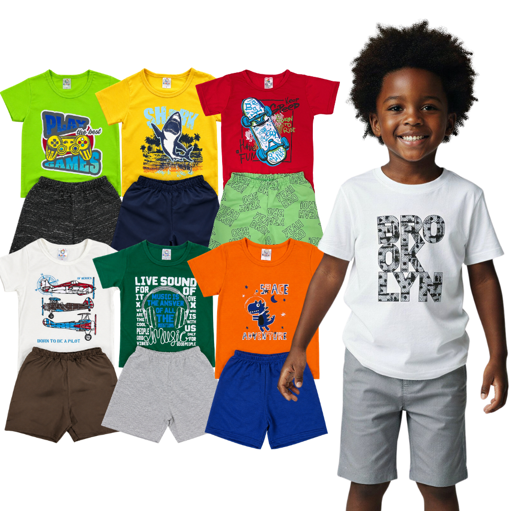 Kit 6 Peças Verão Roupa Infantil Menino Estampado Sortidos Camiseta + Short/Bermuda 3 Conjuntos