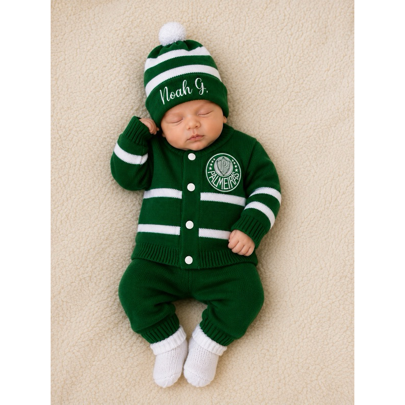 Kit Saída de Maternidade de Tricô do Plameiras Personalizamos com o bome do bebe
