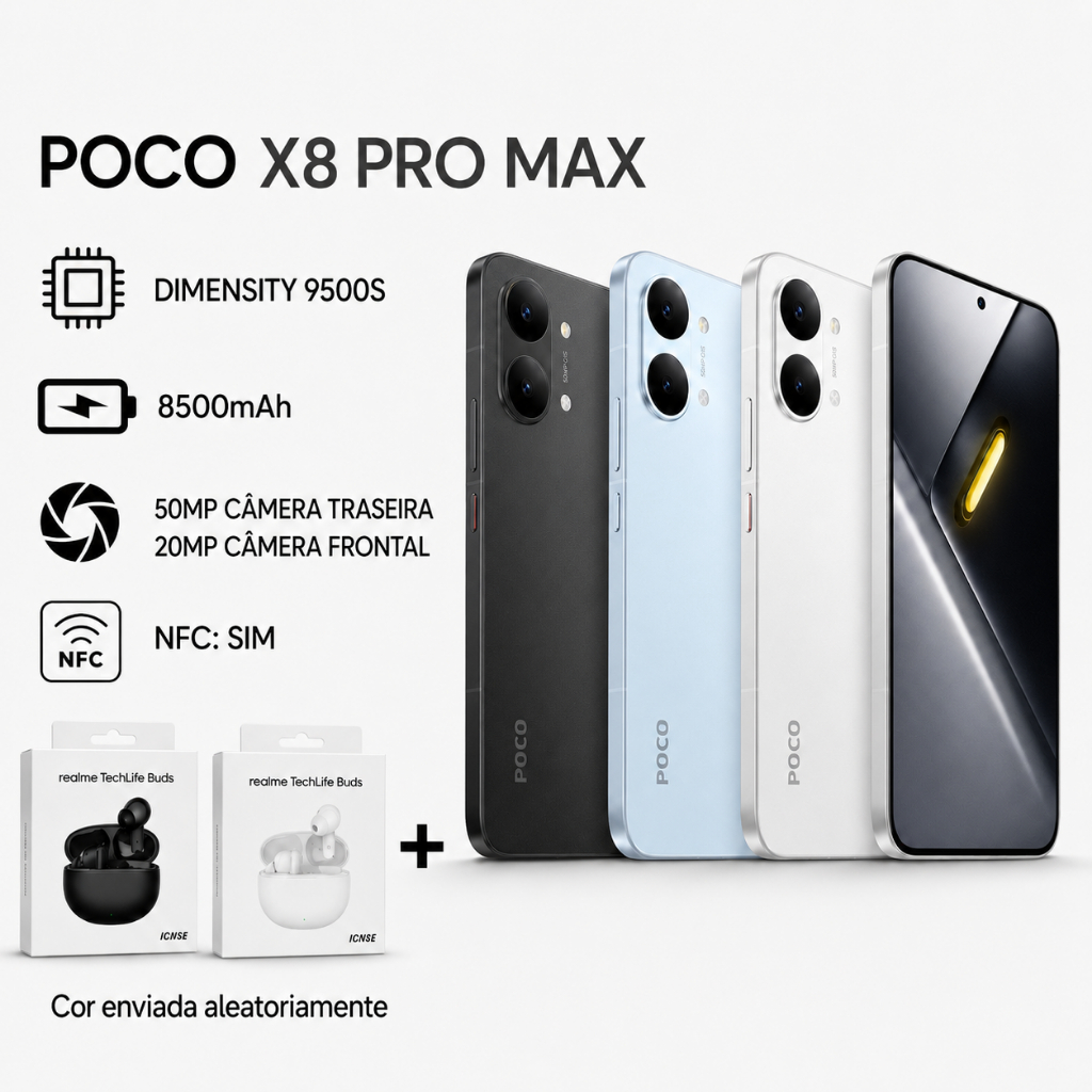 Kit：Xiaomi Poco X8 Pro Max 5G+Realme Techlife Buds, Processador MediaTek Dimensi