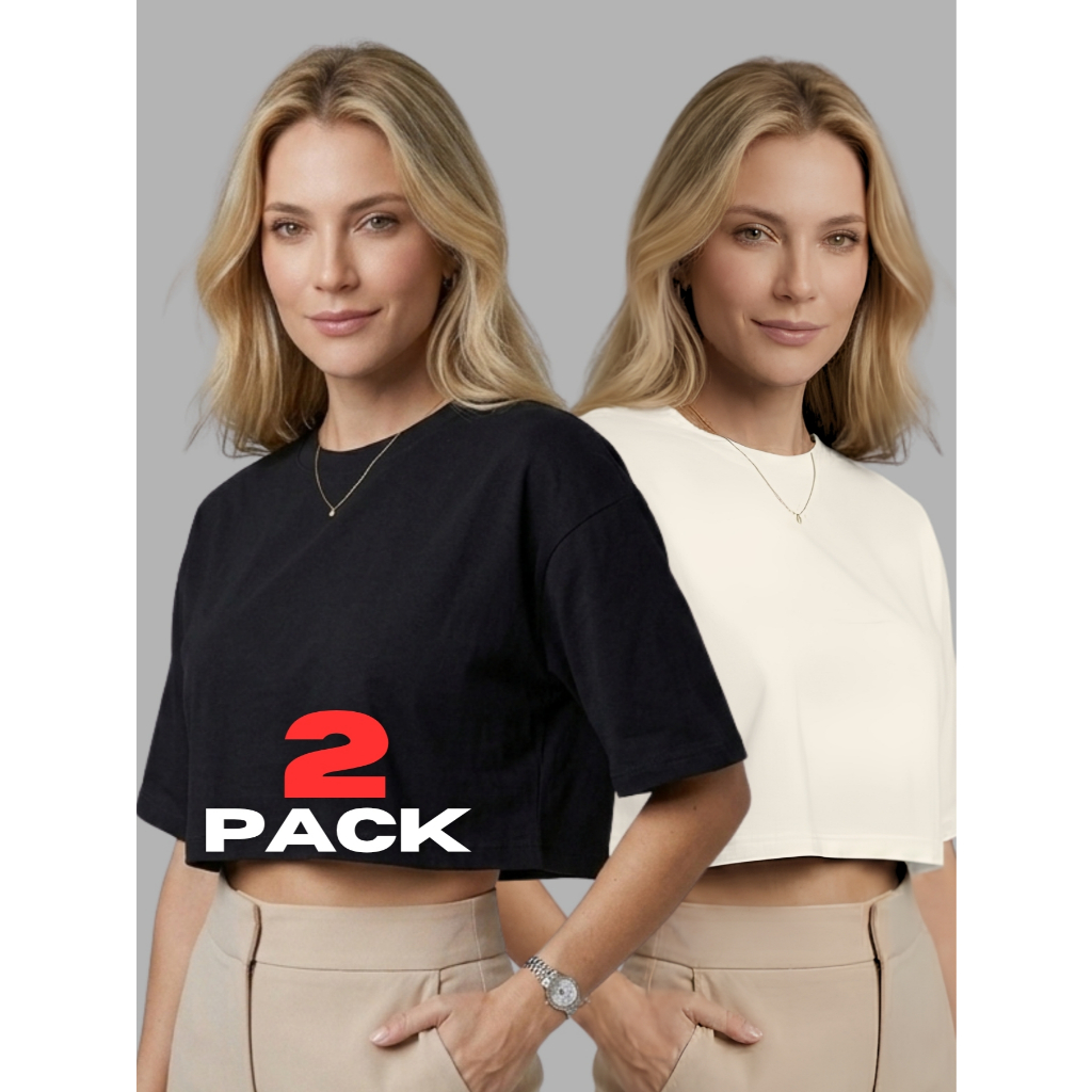 Kit 2 T-Shirt Cropped Feminina Básica 100% Algodão Confortável Manga Curta Casual Confortável Tendência