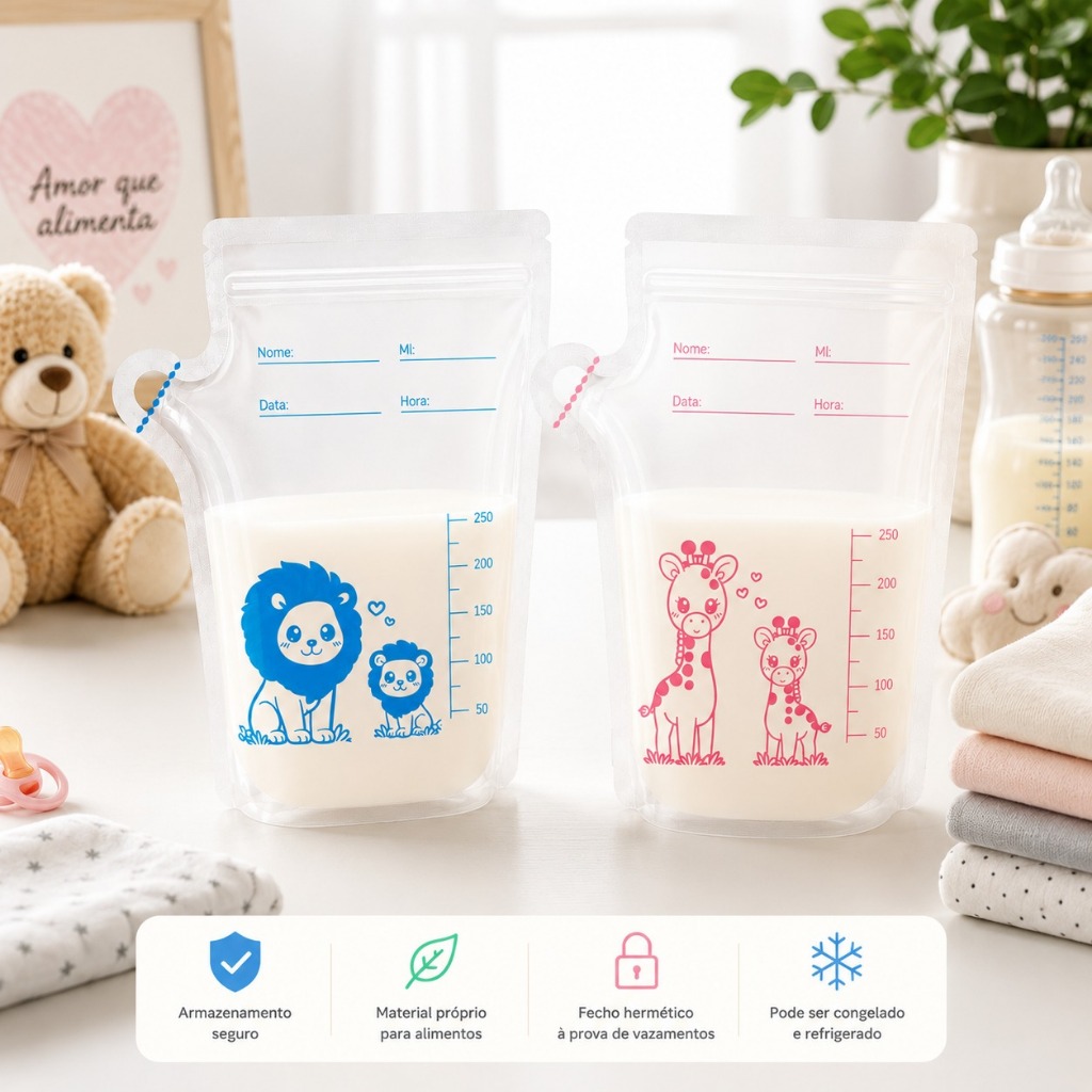 Kit Saquinho Armazenamento Leite Materno Rosa e Azul Saco para Coleta Conservação e Congelamento maternidade amamentação