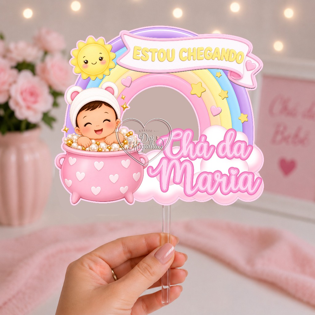 Topo de Bolo Chá de Bebê Arco-Íris Personalizado com Nome Menina Menino | Envio 24H