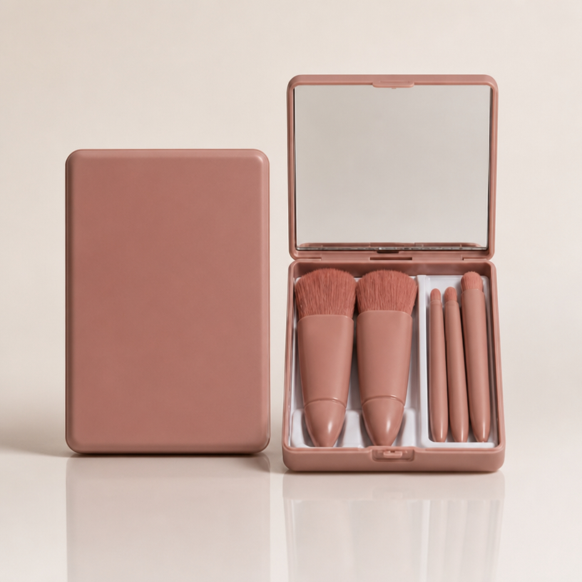 Kit 5 Pincéis de Maquiagem Mini com Estojo e Espelho Portátil para Viagem