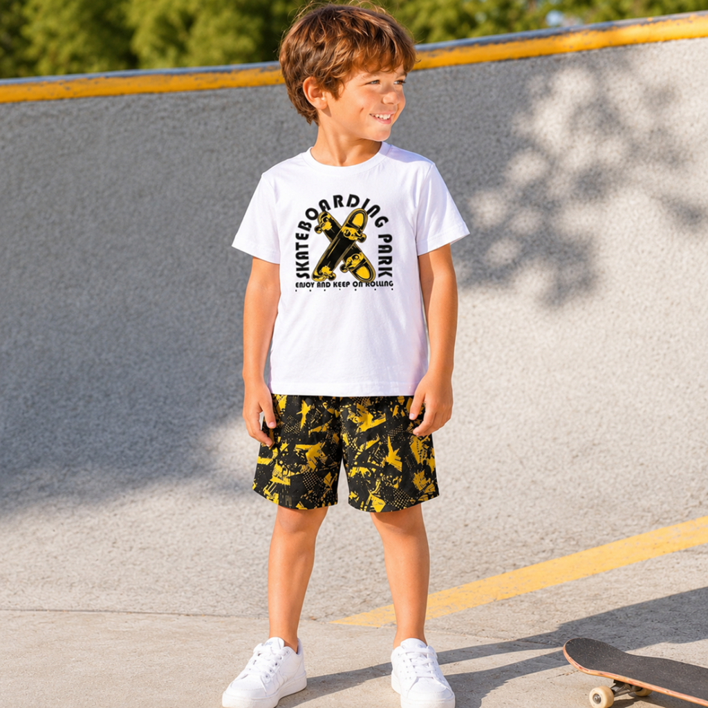 Conjunto Infantil Menino | Camiseta em Malha Algodão Com Estampa Frontal e Bermuda em Tactel Estampada