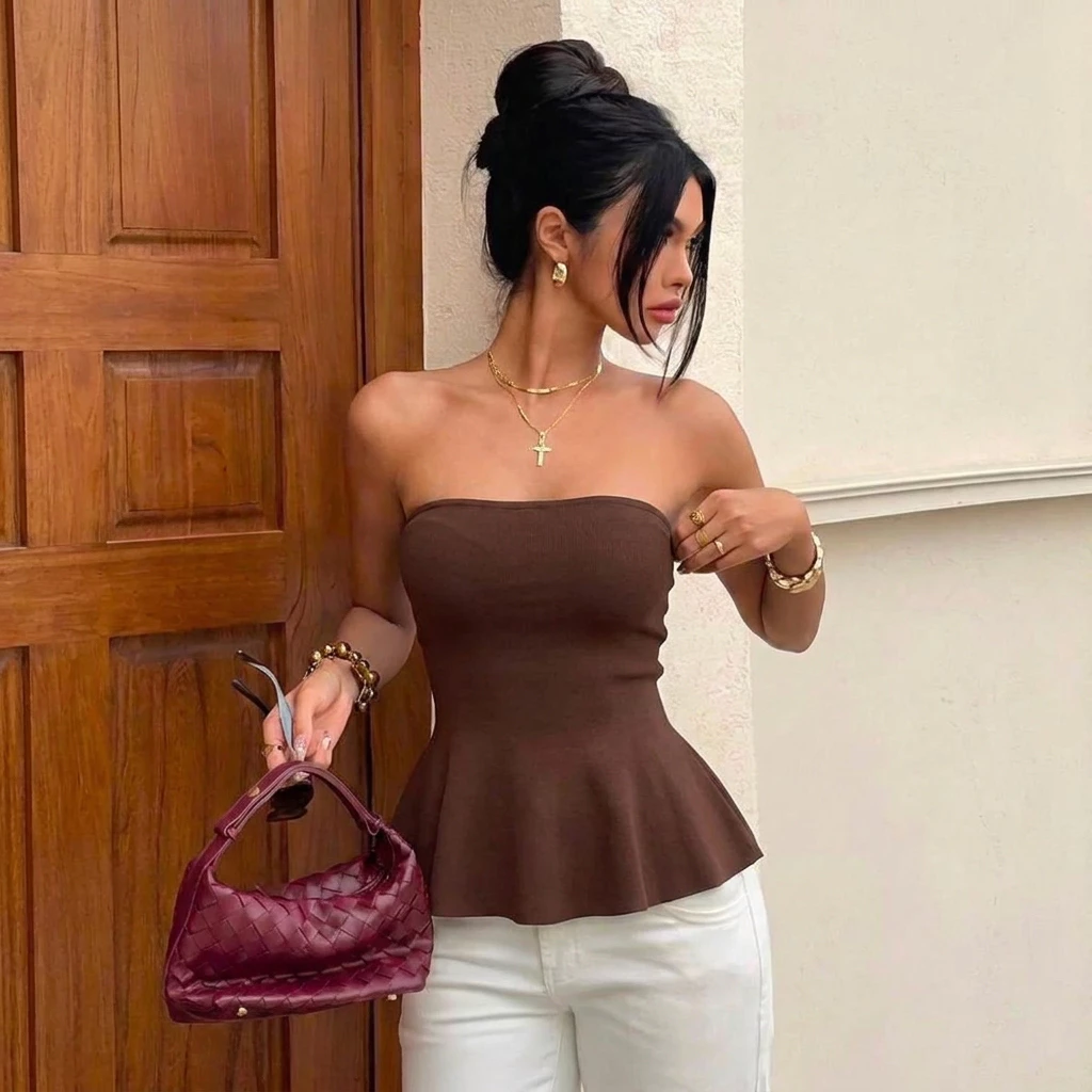 Blusa Feminina Peplum Tricot Tomara que Caia Acinturada Sem Alças Elegante — imagem 1