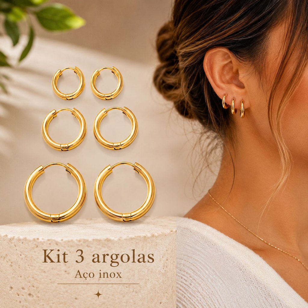 Kit 3 Pares de Brincos Femininos Argolas Aço Inox Douradas Luxo Não Escurecem Festa e Dia a Dia