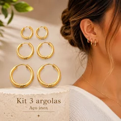 Kit 3 Pares de Brincos Femininos Argolas Aço Inox Douradas Luxo Não Escurecem Festa e Dia a Dia