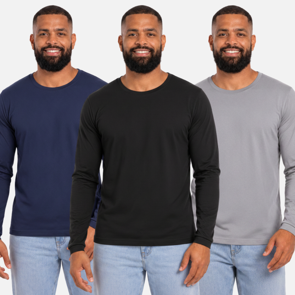 Kit 3 Camisas Manga Longa Masculina Poliester Academia Termica Corrida Exercícios Proteção do Sol Solar