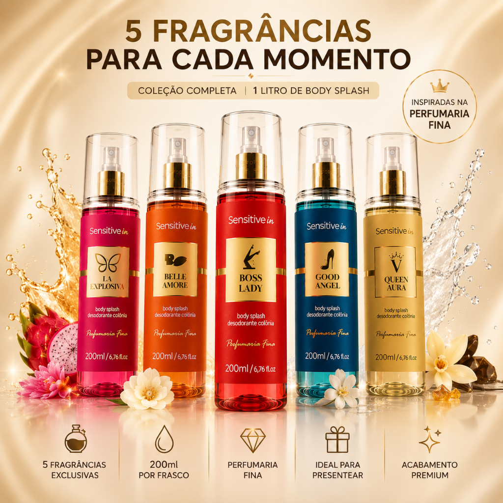 Kit 5 Body Splash Sensitive in 200ml Coleção Completa Inspirada na Perfumaria Fina Original