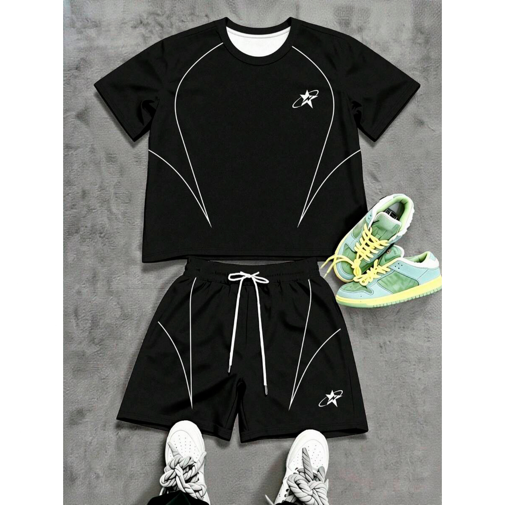 Kit Conjunto Camiseta e Bermuda Tactel Star Line Design Y2K 100% Algodão Streetwear