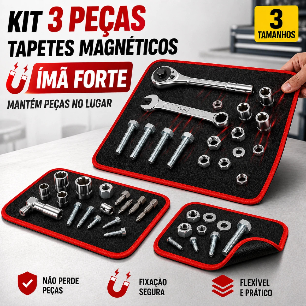 Kit 3 Tapetes Magnéticos Flexíveis para Ferramentas - Bandeja Magnética para Parafusos e Peças