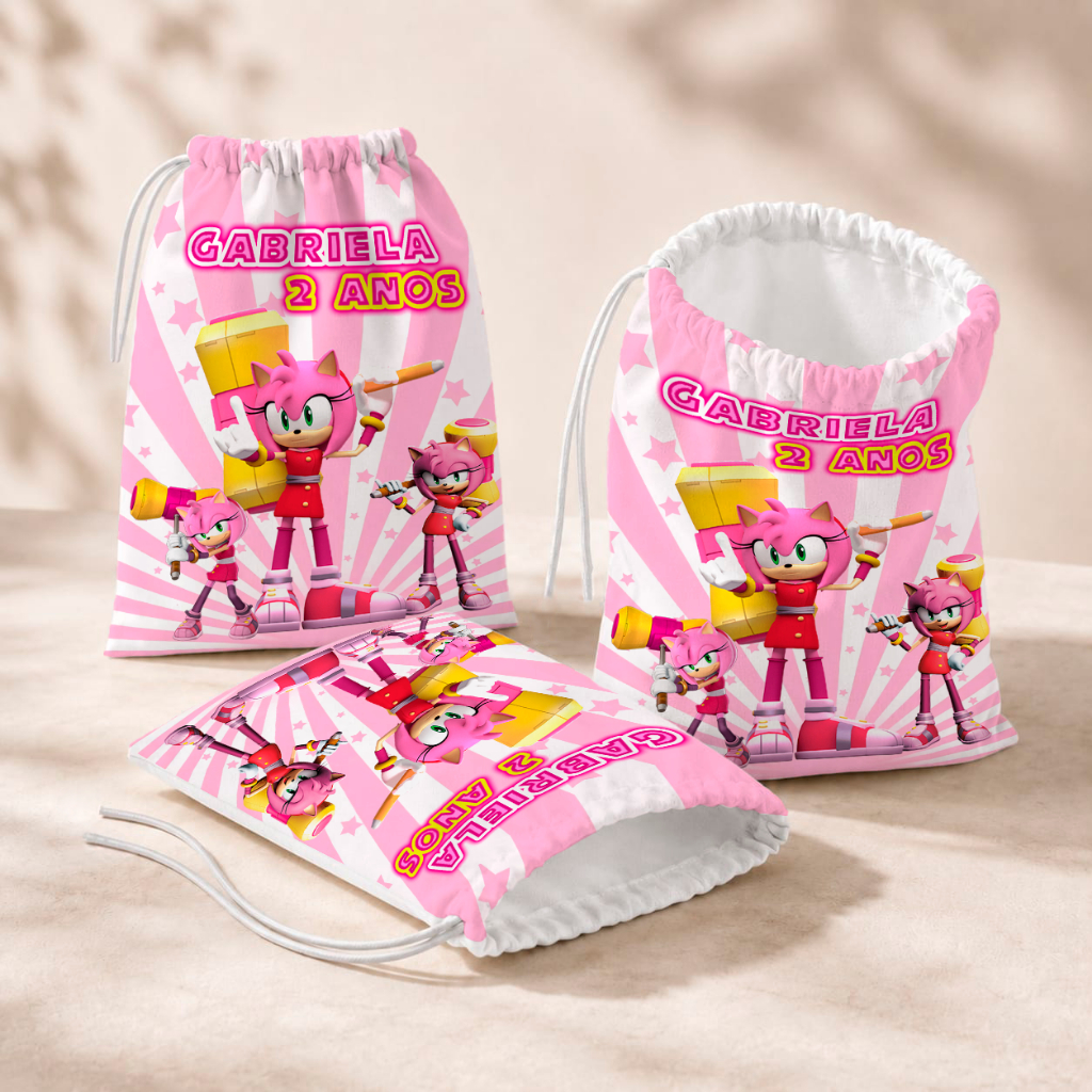 20 Sacolinhas Personalizada Festa Infantil 18x26 Aniversário Lembrancinha Amy Rose Sonic M2