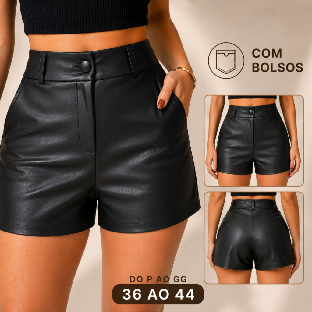 Short Feminino Courino Social Preto Moda Luxo Couro Fake Com Botão Inverno